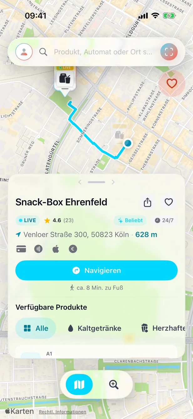 Die BOXIA-App auf dem iPhone: Karte mit Fußweg zur Snack-Box Ehrenfeld, darunter der Automat mit Live-Bestand, Bewertung und Zahlarten.